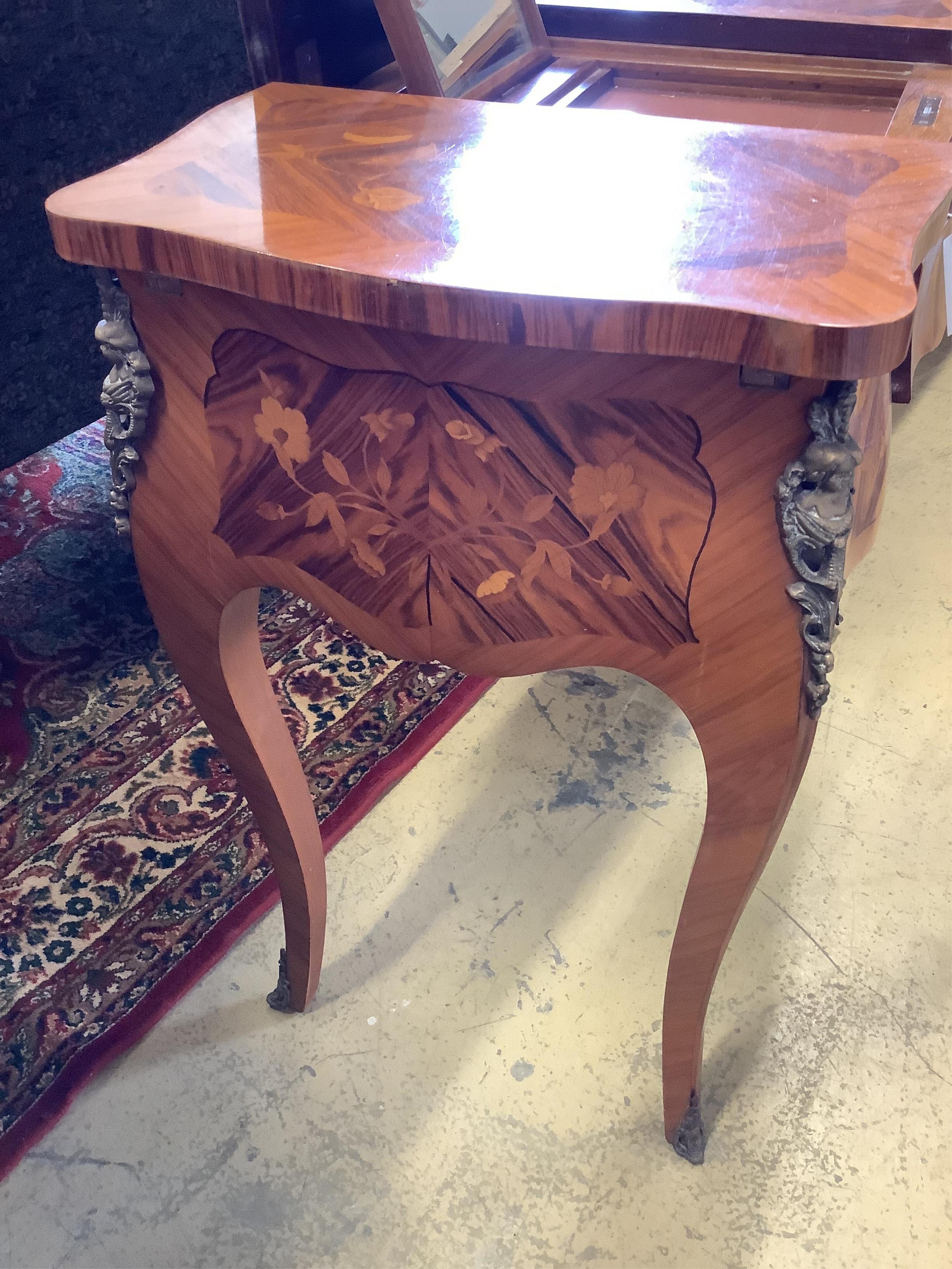 A French marquetry inlaid kingwood poudreuse, width 82cm, depth 36cm, height 74cm. Condition - good